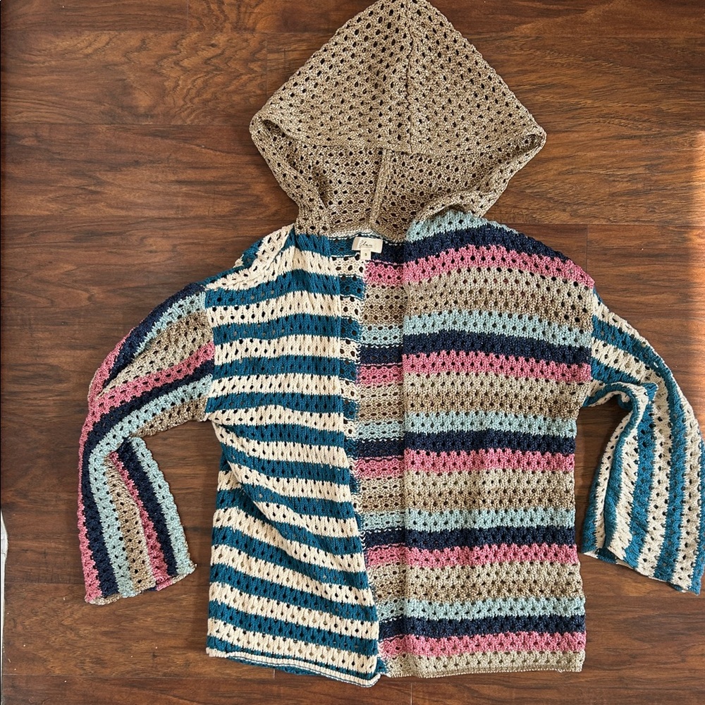 Elan Multicolor Open-Knit Hooded Cardigan